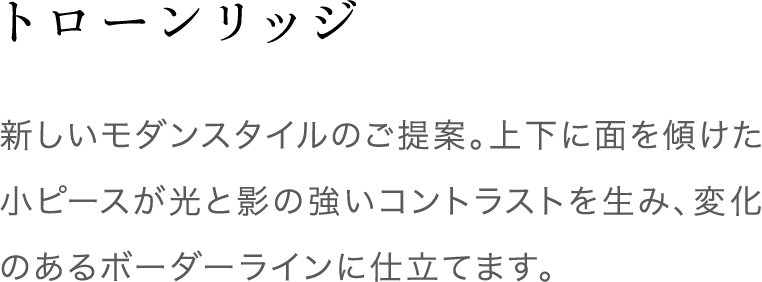 トローンリッジ 新しいモダンスタイルのご提案。上下に面を傾けた小ピースが光と影の強いコントラストを生み、変化のあるボーダーラインに仕立てます。