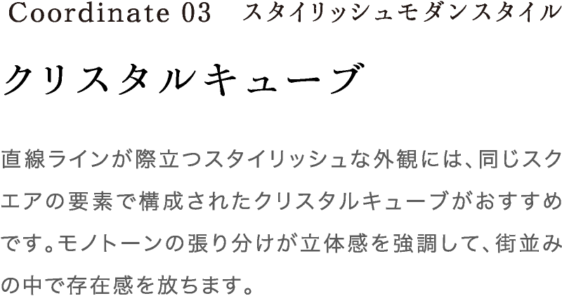 Coordinate03 クリスタルキューブ 直線ラインが際立つスタイリッシュな外観には、同じスクエアの要素で構成されたクリスタルキューブがおすすめです。モノトーンの張り分けが立体感を強調して、街並みの中で存在感を放ちます。