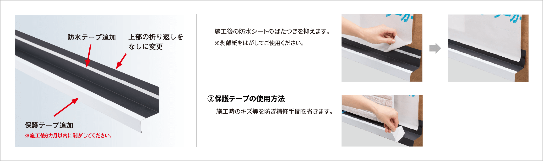 ①防水テープの使用方法②保護テープの使用方法